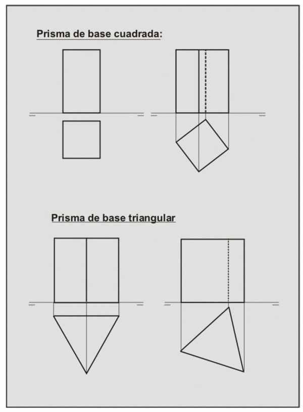Prisma recto de base cuadrada y de base triangular en sistema diédrico