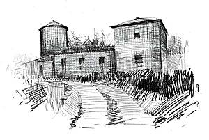 Dibujo a lápiz de una casa con paisaje