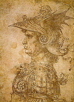 Cuadro de Leonardo da Vinci.Perfil de un guerrero con casco
