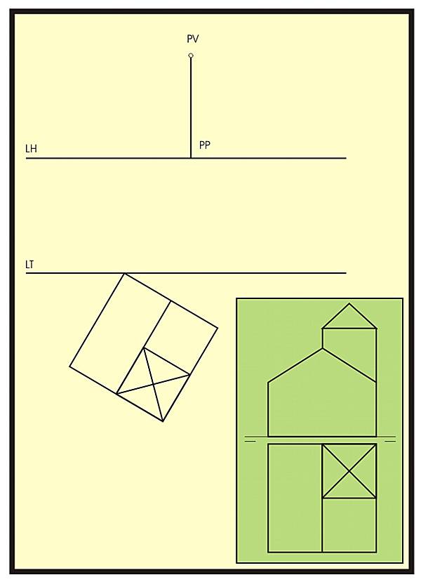 Para imprimir: dibujo preparado para trazar una perspectiva cónica.