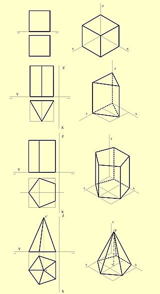 Perspectivas de un hexaedro o cubo, de un prisma de base un triángulo equilátero, un prisma de base pentagonal y pirámide de base pentagonal.