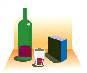 Bodegón compuesto de botella, vaso y caja.