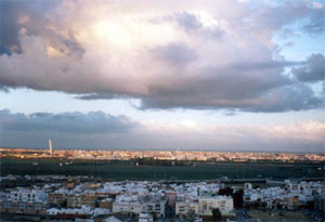 Fotografía lejana de Sevilla bajo un cielo nublado.