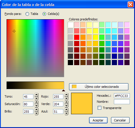Color de la tabla o de la celda